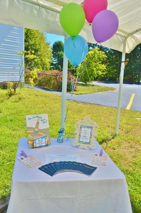 Oh The Places You'll Go 1st Birthday Party | CatchMyParty.com Oh All The Places Youll Go Graduation, Oh The Places You’ll Go Backdrop, Oh The Places Youll Go Book Signing, Birthday Resolutions, All The Places You Will Go Dr Seuss 1st Birthday, Places You Will Go Dr. Seuss Graduation, Birthday Party Places, Dr Seuss Baby Shower, College Graduation Parties