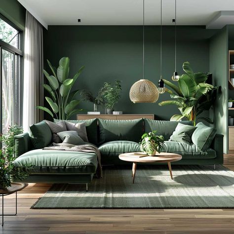 5+ Dark Green Interiors to Inspire Your Minimalist Home • 333+ Inspiring Lifestyle Ideas Green Wall Decor Ideas, Minimalist Bohemian Living Room, Modern Green Living Room, Living Room Design Green, Green Living Room Decor, Green Living Room, Boho Living Room Decor, 아파트 인테리어, Deco Salon