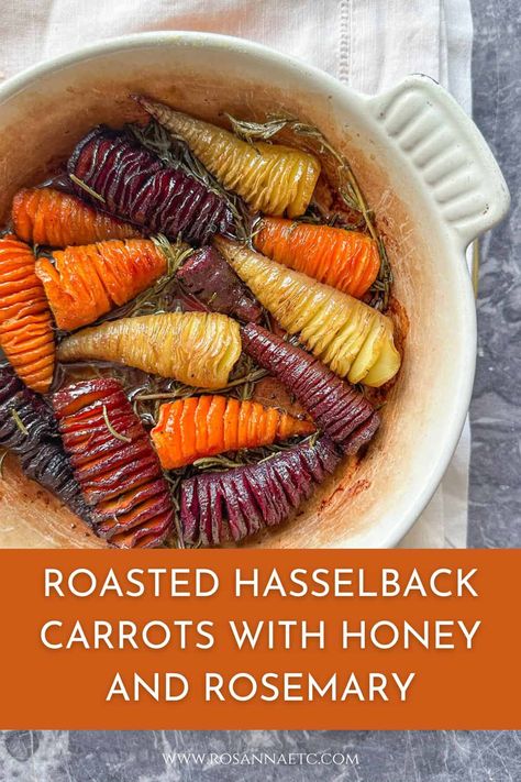 Roasted Hasselback Carrots With Honey And Rosemary Brown Butter Sage Roasted Carrots, Bourbon Roasted Carrots, Smashed Roasted Carrots, Heirloom Carrots Recipe, Hasselback Carrots, Roasted Carrots And Brussel Sprouts, Roasted Whole Carrots, Carrots With Honey, Hasselback Sweet Potatoes