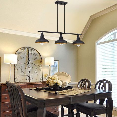 Longshore Tides 3-Light Island Pendant Chandelier With Matte Black Finish | Wayfair Farmhouse Light Fixtures Dining Areas, Farmhouse Table Lighting, Black Industrial Pendant Light, Oil Rubbed Bronze Kitchen, Lights Over Island, Farmhouse Kitchen Lighting, Farmhouse Light, Black Kitchen Island, Farmhouse Flair