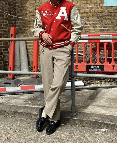 Varsity Jacket Mens Outfits, Varsity Outfit Men, Mens Varsity Jacket Outfit, Vintage Loafers Outfit Men, Red Loafers Men Outfit, Aesthetic Loafers Outfit Men, Varsity Jacket Outfit Aesthetic, Classic Varsity Jacket For Streetwear, Loafers Streetwear Men