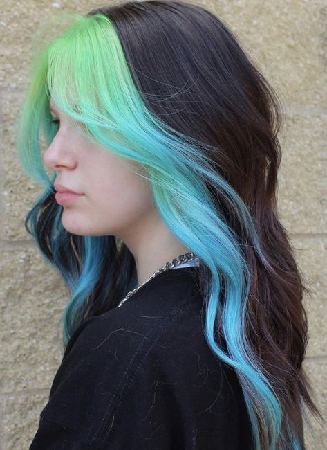 Hair Color Peak Aboo, Multicolor Money Piece Hair, Colorful Long Hair Ideas, Peekaboo Hair Color Long Hair, Partial Fashion Color Hair, Hair Dye For Medium Length Hair, Split Dyed Hair Front Pieces, Pink And Blue Money Piece, Halo Vivid Hair Color