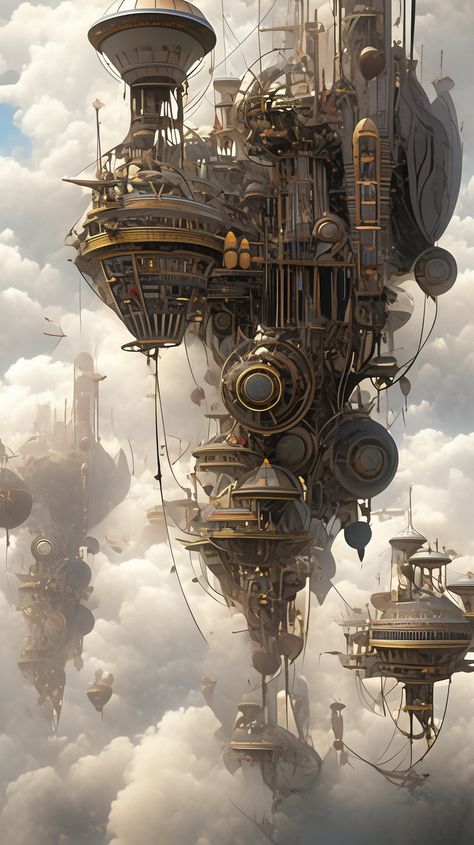 Steampunk Floating Island, Floating City Aesthetic, Steampunk Flying City, Steampunk Sky City, Steampunk Floating City, Steampunk Architecture Concept Art, Futuristic Steampunk Aesthetic, Steampunk Magic Fantasy Art, Steampunk Aesthetic City