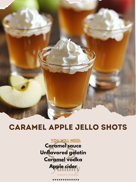 🍏🍮 Dive into these Caramel Apple Jello Shots for a fun, tasty treat! 🍏✨ #PartyTime #FunRecipes Caramel Apple Jello Shots Ingredients: Apple cider (1 cup) Caramel vodka (1 cup) Unflavored gelatin (2 packets) Caramel sauce (for garnish) Whipped cream (for garnish) Apple slices (for garnish) Instructions: Heat apple cider until warm. Add gelatin and stir until dissolved. Remove from heat and mix in caramel vodka. Pour into shot glasses and refrigerate until set. Garnish with caramel sauce, w... Caramel Apple Jello Shots, Apple Jello Shots, Caramel Apple Shots, Thanksgiving Jello, Apple Schnapps, Caramel Vodka, Pudding Shots, Jello Shot Recipes, Unflavored Gelatin