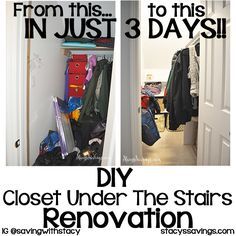 Tackling the Closet Under the Stairs: A Total Home Makeover Post  See how I renovated the weird-shaped closet under the stairs by building some DIY custom storage options in just 3 days! - http://www.stacyssavings.com/tackling-the-closet-under-the-stairs-a-total-home-makeover-post/ Ideas For Coat Closet, Stairs Mudroom, Deep Coat Closet, Staircase Closet, Coat Closet Makeover, Coat Closet Ideas, Closet Under The Stairs, Closet Stairs, Closet On A Budget