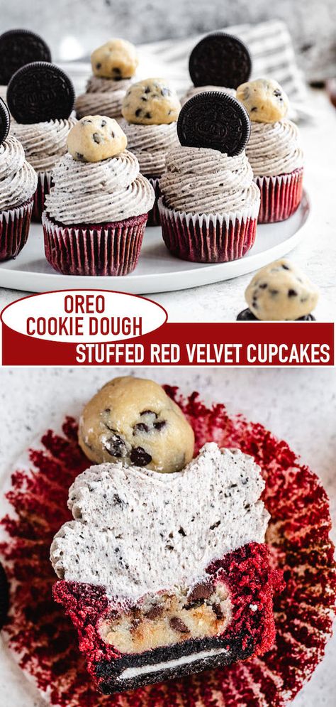 These Oreo Cookie Dough Stuffed Red Velvet Cupcakes are insanely delicious! A moist and fluffy red velvet cupcake with an Oreo bottom and cookie dough filling. Topped with an Oreo Cream Cheese Frosting, these cupcakes are dressed to impress! | queensleeappetit.com #cupcakes #creamcheesefrosting #cookiesandcream #cookiedough #redvelvet #redvelvetcupcakes Oreo Red Velvet Cupcakes, Gourmet Red Velvet Cupcakes, Red Velvet Oreo Cupcakes, Stuffed Red Velvet Cupcakes, Cookie Dough Stuffed Cupcakes, Bday Desserts, Oreo Cream Cheese Frosting, Oreo Cream Cheese, Oreo Cookie Dough