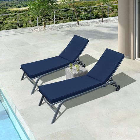 Our 75 inch length chaise lounge seat cushion and comfortable back cushion are suitable for indoor and outdoor furniture use. Give your outdoor seating area a refresh with these chaise lounge cushions. Relax in comfort with this chaise lounge cushions perfectly designed to your lounge. The simple design style is suitable for most chaise lounges, and the soft material brings added comfort. Buy this cushion for a more pleasurable leisure experience.   Outdoor Lounge Chairs (Set of 2), Cushion Replacement Patio Funiture Seat Cushion Chaise Lounge Cushion - Navy Blue 74.41"W x 22.05"D x 2.76"H - 11.9 lb  Outdoor Lounge Chair Cushion Replacement Patio Funiture Seat Cushion Chaise Lounge Cushion - Navy Blue 74.41"W x 22.05"D x 2.76"H - 5.95 lb  Outdoor Lounge Chair Cushion Replacement Patio Funi Pool Lounge Chairs, Outdoor Lounge Chair Cushions, Lounge Chair Cushions, Chaise Lounge Cushions, Patio Chaise Lounge, Blue Pool, Outdoor Daybed, Pool Lounge, Lounge Cushions