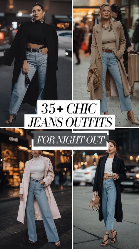 35+ Ways to Make Jeans Evening-Ready Date Night Jean Outfits For Women, Women’s Blazer Outfit With Jeans, New Year Jeans Outfit, How To Make Jeans Look Dressy, Casual Party Outfit Winter Jeans, Date Night Denim Outfits, Dressy Jean Outfits Winter, Nye Outfits Casual Jeans, Dressed Up Jeans Outfit Night Out