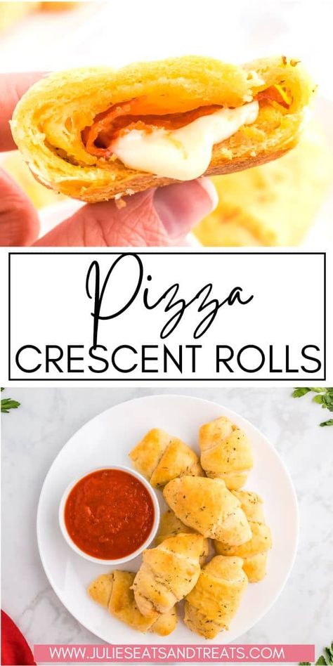 Super simple and easy to make snack or dinner idea to make your life easier. These Pizza Crescent Rolls are a favorite of my kids and a fun twist on pizza night. Made with refrigerated crescent roll dough, pepperoni and cheese, plus pizza sauce to dip them in it doesn't get easier than this. Pizza Crescent Roll, Pizza Crescent Rolls, Pizza Crescent, Field Meals, Crescent Roll Pizza, Happy Habits, Pizza Wraps, Easy To Make Snacks, Pizza Flavors