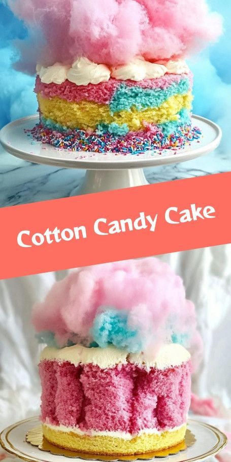 Whimsical Cotton Candy Celebration Cake Recipe | Perfect for Special Occasions Delight in the nostalgia of the fair with our Cotton Candy Celebration Cake! Perfect for birthdays and holidays, this recipe combines moist vanilla layers with airy cotton candy frosting. Garnished with colorful cotton candy, it's a treat that's as fun as it is delicious. Cotton Candy Cheesecake, Candy Cheesecake, Cotton Candy Cake, Cotton Candy Cakes, Colorful Desserts, Bakery Ideas, Celebration Cake, Candy Cake, Celebration Cakes