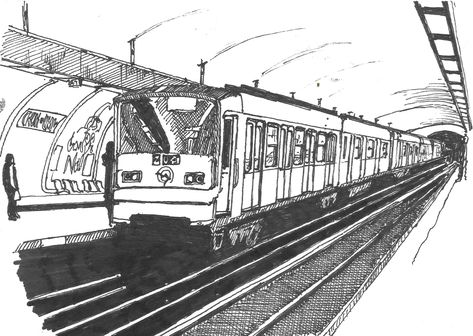 Paris Metro - sketched in 0.5mm ink pen Train Drawing Sketches, Metro Drawing, Landscape Architecture Sketch, Metro Sketch, Subway Drawing, Train Sketch, Metro Art, Square Drawing, Pencil Drawing Ideas