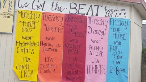 AGHS Homecoming Week poster "We Got the Beat" Spirit Week Themes, Homecoming Campaign, School Spirit Posters, Rally Idea, Leadership Classes, Got The Beat, School Spirit Week, Homecoming Spirit Week, Senior Year Fun