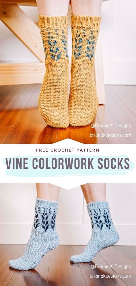 Vine Colorwork Crochet Socks Free Pattern We absolutely adore both the colors and the motif Briana K Designs went for in this crochet pattern for socks. #CrochetSocks #FreeCrochetPattern Crotchet Socks, Colorwork Crochet, Crochet Socks Free Pattern, Colorwork Socks, Crochet Socks Pattern, Crochet Wool, Crochet Socks, Soft Slippers, Sock Patterns