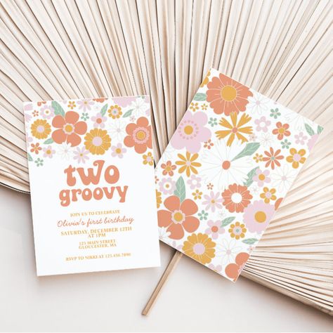 Two Groovy Retro Floral first birthday Invitation - Birthday Invitation Groovy Birthday Invitation, Two Groovy Birthday, Floral First Birthday, 98th Birthday, Two Groovy, Boho Fonts, Groovy Birthday, Floral Birthday Invitations, Retro Daisy