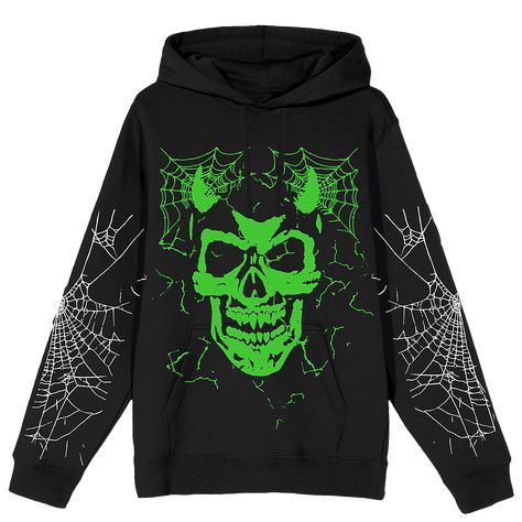 A premium heavyweight black pullover hoodie with bright green skull artwork on the front and spiderweb artwork along the sleeves. Pocket Hoodie, Black Pullover, Custom Artwork, Edgy Fashion, Pocket Pouch, Pullover Hoodie, Pouch, Long Sleeves, Long Sleeve