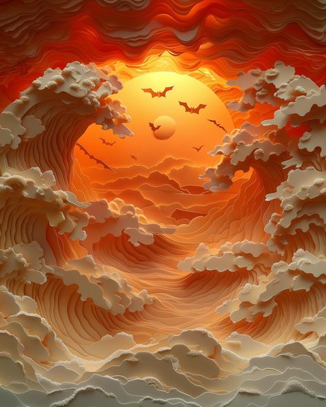 Intricate paper sculpture of a sunset sky. Bats and waves in endless layers. 🦇🌊🌞#paperart #midjouneyart #midjouney #midjouneyartwork #generativeai #midjourneyart #aiart #generativeart Layered Art, Sunset Sky, Paper Sculpture, Generative Art, Art Plastique, Tech News, Paper Art, Bat, Sculpture