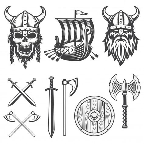 Viking Helmet Tattoo, Barco Viking, Machado Viking, Viking Drawings, Escudo Viking, Horned Helmet, Viking Pictures, Warrior Shield, Viking Head