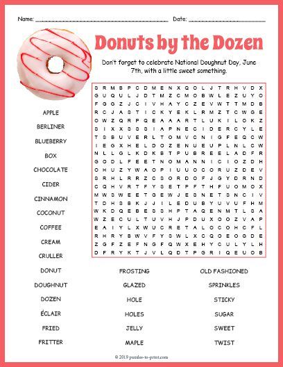 National Donut Day Activities, National Doughnut Day, Word Puzzles For Kids, Free Word Search Puzzles, Kids Word Search, Free Printable Word Searches, Free Printable Puzzles, Word Search Printables, Word Search Games