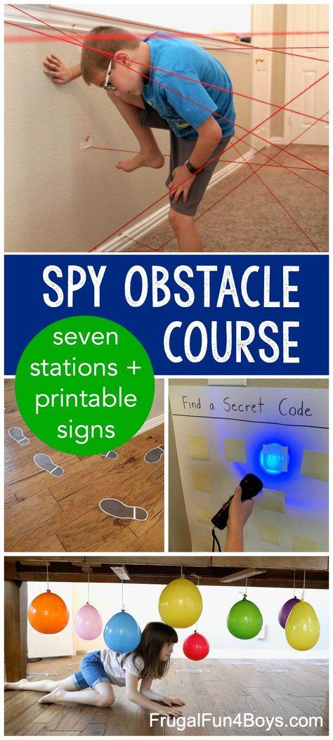 Make a spy obstacle course with 7 stations! Print the signs and supply list from the post. So easy and fun. Perfect for a spy birthday party. Summer Camp Obstacle Course, Spy Week Summer Camp, Spy Camp Ideas, Spy Week Activities, Crystal Maze Games At Home, Spy Camp Activities For Kids, Spy Crafts For Kids, Indoor Obstacle Course Ideas, Spy Crafts