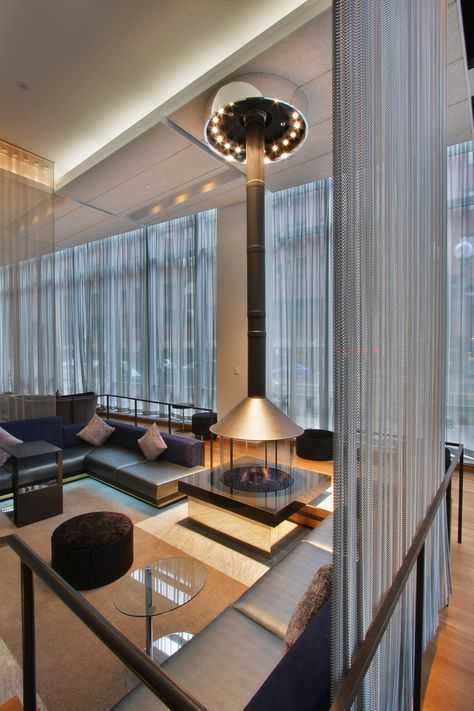 Decorative firescreens and wire mesh curtains create a modern lounge at The Benson Hotel. Curtain Divider, Partition Screen, Boston Hotels, Curtain Styles, Lobby Interior, Metal Curtain, Design Hotel, Modern Lounge, Curtain Designs