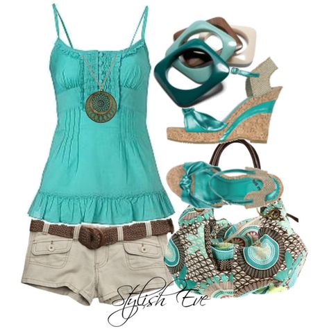 Teal Shorts Outfit Summer, Teal T Shirt Outfits, Teal Shorts Outfit, Turquoise Top Outfit, Turquoise Outfit Ideas, Turquoise Outfit, Teal Outfit, Aqua Outfit, Cute Outfits Summer