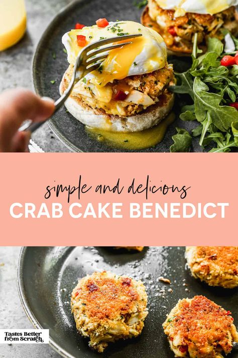 Nothing beats this Crab Cake Benedict recipe! From a flavorful crab cake to a perfectly poached egg and hollandaise sauce, this is a winner! via @betrfromscratch Crab Cakes Eggs Benedict, Crab Cakes Benedict, Crab Eggs Benedict Recipe, Crab Cake Eggs Benedict, Crab Cake Eggs Benedict Recipe, Crabcake Benedict, Crab Benedict Recipe, Crab Eggs Benedict, Crab Benedict