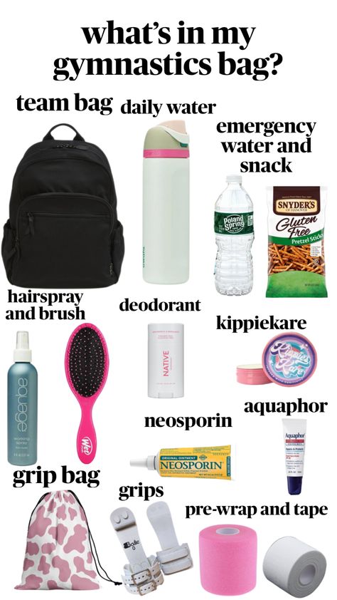 Gymnastics Bag Essentials, What’s In My Gym Bag, Gymnastics Essentials, Gifts For Gymnasts, Cheer Practice Outfits, Sports Gymnastics, Gymnastics Bags, School Backpack Essentials, Gym Hair