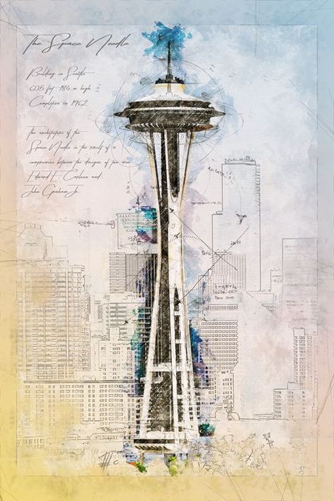 Space Needle, Seattle - Theodor Decker - Drawings & Illustration, Buildings & Architecture, Landmarks, National Monuments - ArtPal Seattle Drawing, Seattle Poster, Pencil And Watercolor, Space Needle Seattle, Building Drawing, Automotive Logo, Washington Usa, Money Life Hacks, Half Sleeve Tattoo