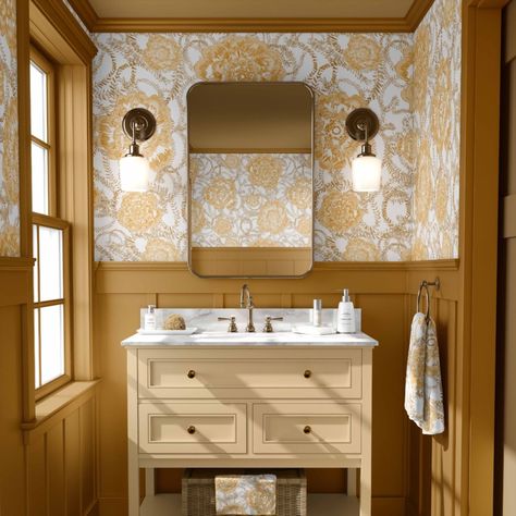 Golden tones used for this bathroom. Finishes are paired with the stunning gold and mustard yellows used in this feature wallpaper. Mustard Bathroom Walls, Yellow Powder Room, Mustard Yellow Bathroom, Mustard Bathroom, Tan Bathroom, Bathroom Finishes, Mustard Wallpaper, Australian Summer, Chic Room