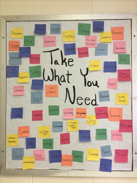 Take What You Need bulletin board Take What You Need Board, Ideas For Bulletin Boards, Bulletin Boards Ideas, October Bulletin Boards, November Bulletin Boards, High School Bulletin Boards, Self Esteem Activities, Boards Ideas, Kitchen Tour