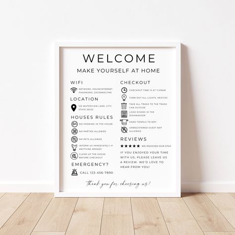 Welcome your guests in style with our customizable welcome sign for short-term rental hosts. This Airbnb host bundle includes an Airbnb welcome sign, VRBO sign, guest arrival poster, guest book, and even a WiFi password and house rules template. Designed with Canva, this editable template is perfect for vacation rental owners looking to create a warm and inviting atmosphere for their guests. Make sure your guests feel right at home from the moment they arrive with our Airbnb host template. **Ple Airbnb Host Welcome Book, Airbnb House Rules Template, House Rules For Airbnb, Airbnb Rules Template, Airbnb Guest Book Template, Signs For Airbnb, Air Bnb Signs, Airbnb Guest Book Ideas, Air Bnb Welcome Basket