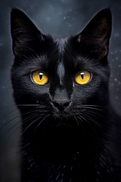 An artistic portrayal of a black cat named Shadow, featuring a velveteen coat that seems to absorb all light around it. The cat's fur is a rich, deep black, occasionally revealing subtle hints of charcoal and ebony. Its eyes, a brilliant shade of amber, glow with a gentle warmth that contrasts beautifully against its dark exterior. Despite its name, Shadow is a friendly and playful companion, always ready for an adventure. Black Cat Photography, Black Cat Yellow Eyes, Cat Kimono, Cat Face Drawing, Black Cat Face, Black Cat Aesthetic, Cats Eyes, Wild Animals Pictures, Black Cat Art