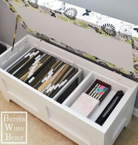 File cabinets aren't cute — it's a simple truth. Which is why we'd swap ours out for a white bench with a pretty floral cushion on top (like this one!) any day. Just add file folders to keep your most valuable papers out of sight. Get the tutorial at Better When Built » - GoodHousekeeping.com Diy Storage Bench, Organizing Paperwork, Office Guest Room, Guest Room Office, Versatile Furniture, Diy Bench, Craft Room Office, Sewing Rooms, Home Office Organization