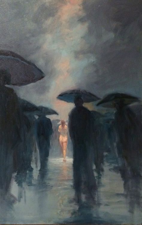 A piece I completed this evening. "A world self absorbed with itself. People going to a fro-concerned about only themselves. Amongst them walks a woman, naked, cold and vulnerable and no one offers comfort-not even an umbrella...I am uncertain if she reaches her destination but I would like to believe that someone, just ahead, will give her a coat, an umbrella and perhaps something to eat.." Sweater Campaign, Vulnerability Art, Paintings With Meaning, Comforting Art, Friendship Paintings, Igcse Art, Eerie Art, Weather Art, Leave Art