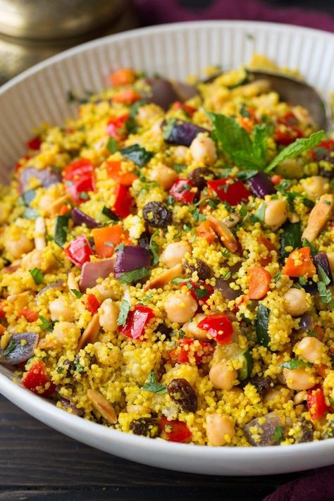 Moroccan Couscous with Roasted Vegetables Moroccan Cuscus Recipes, Pea Couscous Salad, Moroccan Couscous Salad, Simple Couscous Recipes, Veggie Couscous, Couscous Dinner, Couscous Salad Recipes, Vegetable Couscous, Moroccan Couscous