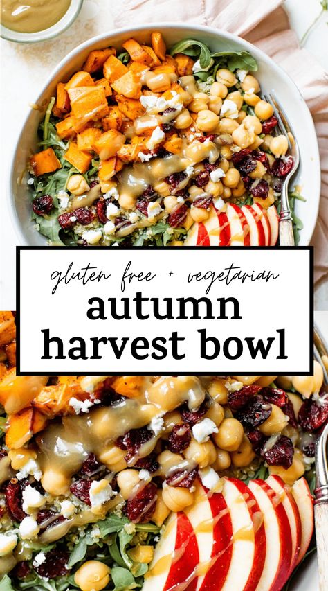 The BEST Autumn Harvest Bowl made with arugula, quinoa, chickpeas, sweet potato and drizzled with the most amazing maple-tahini dressing #vegetarian #harvestbowl Vegan Lunch Bowl Ideas, Healthy Fall Harvest Bowl, Paleo Harvest Bowl, Vegetarian Power Bowl Recipes, Fall Vegetarian Recipes Low Carb, Fall Vegetarian Recipes Lunch, Fall Food Meal Prep, Harvest Bowl Vegetarian, Autumn Harvest Bowl Recipe