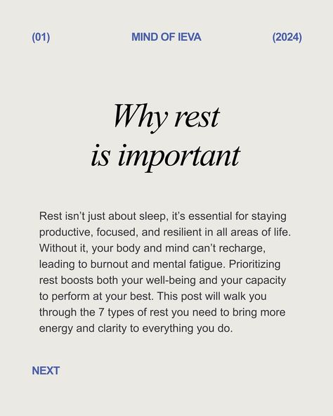 7 Types of Rest You Need ⬇️ Save this post for later✨ Rest is essential to staying productive, focused, and engaged in life, whether at work, school, or in your personal routines. But true rest goes beyond just a good night’s sleep. There are seven types of rest, each serving a different need to help you recharge fully and stay at your best: 〜 Physical rest: sleep and physical activity 〜 Mental rest: meditation and breath work 〜 Social rest: recharging from other people 〜 Spiritual re... How To Rest, Physical Rest, Types Of Rest, Staying Productive, Breath Work, Rest Time, Physical Activity, Physical Activities, Health And Nutrition