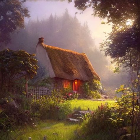 a pink, fantasy cottage Cottage In A Meadow, Cottage Fantasy Art, Fantasy Cottage Art, Soul Bond, Meadow Cottage, Fantasy Settings, Fantasy Cottage, Spring Fairy, Fall Images