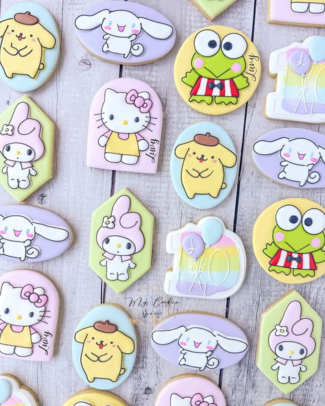 Pompompurin Cookie, My Melody Cookies, Sanrio Cookies Decorated, Sanrio Pastries, Sanrio Cookies, Sanrio Birthday, Sanrio Party, Sanrio Dessert Aesthetic, Hello Kitty Baby Shower