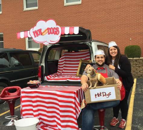 Hot Dog Trunk Or Treat, Concession Stand Trunk Or Treat, Hot Dog Stand Trunk Or Treat, Trunk Or Treat Dog Theme, Dog Themed Trunk Or Treat, Trunk Or Treat Ideas With Dogs, Dog Trunk Or Treat Ideas, Trunk Or Treat Ideas, Hot Dog Stand