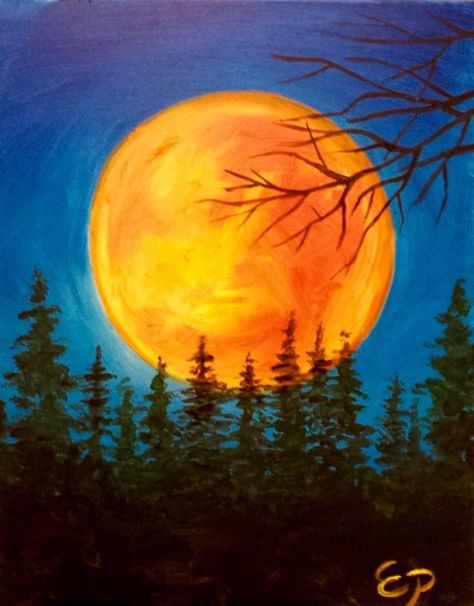 A winter sun fills the sky. Painting Moon, Wine And Canvas, Moon Painting, Simple Acrylic Paintings, Wow Art, Autumn Painting, Night Painting, Harvest Moon, Sun And Moon