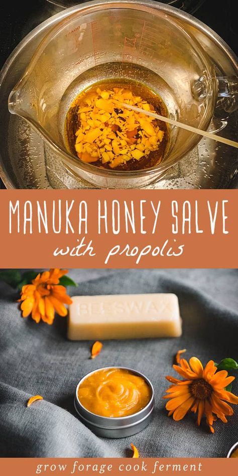 Manuka honey is pretty amazing stuff! Not only is it good for your immune system, it is also very effective at healing minor wounds and scrapes. This makes it the perfect addition to a salve! Propolis extract gives this manuka honey salve an extra boost! Honey Benefits For Skin, Honey Salve, Herbal Salve Recipes, Balms And Salves, Healing Salve Recipe, Manuka Honey Benefits, Healing Skin, Diy Herbal Remedies, Salve Recipes