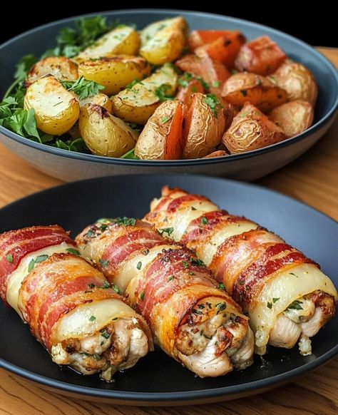 This recipe brings together juicy bacon-wrapped stuffed chicken rolls, crispy Parmesan roasted potatoes, and a light, refreshing salad. Stuffed Chicken Rolls, Bacon Wrapped Stuffed Chicken, Rolled Chicken Recipes, Bacon Roll, Parmesan Roasted Potatoes, One Dish Meals, Bacon Wrapped Chicken, Chicken Rolls, Refreshing Salad