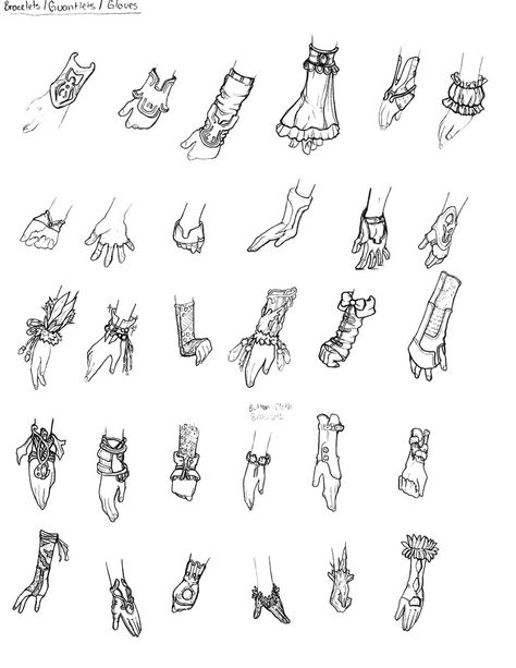 Clothing - Bracelets, Gauntlets, Gloves Gloves Design Drawing, Types Of Gloves Drawing, Clothing Accessories Drawing, Anime Bracelet Drawing, Bracelet Drawing Reference, Accessories To Add To Your Drawing, Bracelets Drawing Sketch, Fantasy Gloves Design, How To Draw A Bracelet