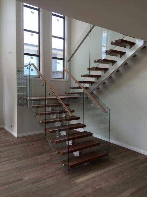 Stainless steel half space staircase with glass side mounted railing Side Mount Stair Railing, Staircase With Glass Railing, Stainless Steel Staircase, Glass Handrail, Modern Stair Railing, Stair Railing Design, Glass Staircase, Custom Computer, Cable Railing