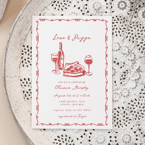 Whimsical Hand Drawn Pizza & Wine Bridal Shower Invitation Italian Invitation Design, Pizza Bridal Shower Theme, Wine Bridal Shower Invitations, Pizza And Wine, Pizza Wedding, Engagement Invite, Illustrated Invitations, Bridal Shower Wine, Wedding Announcement Cards