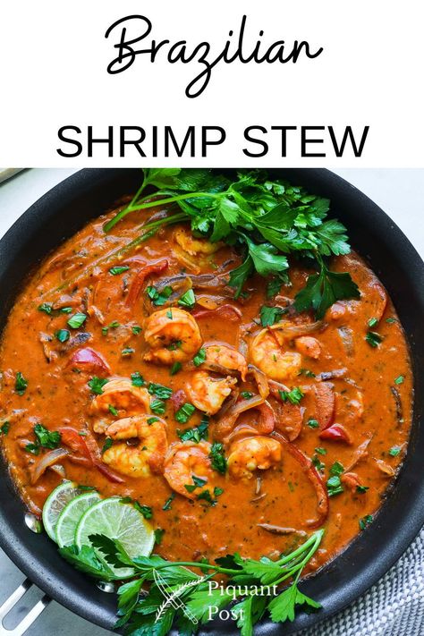 This recipe for a Brazilian Shrimp Stew (Moqueca de Camaroes) is an easy, delicious meal on a cold winter day or a hot summer night. A bowl of Moqueca de Camaroes is filled with a silky, exotic tomato and coconut milk broth, flavorful vegetables, and fresh, tender shrimp. A splash of acid from the fresh lime juice completes this dish. Brazilian Shrimp Stew, Brazilian Shrimp, Brazilian Fish Stew, Shrimp Stew, Brazilian Recipes, Unique Ingredients, Teriyaki Recipe, Shrimp Soup, Chowder Soup