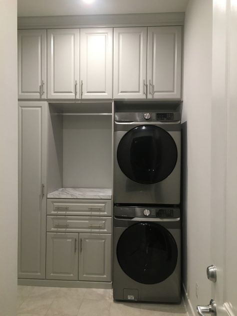 Laundry room - Modern - Laundry Room - DC Metro - by Avenir Kitchen and Bath | Houzz Laundry Room Design No Sink, Small Laundry Room Design With Stacked Washer And Dryer, Laundry Room White Oak Cabinets, Small Laundry With Storage, Laundry Tower Room Ideas, Stackable Washer Dryer Laundry Room Diy, Small Laundry Room Stacked Washer Dryer, Laundry Room Ideas Small Space Stackable, Kitchen And Laundry Room Combo