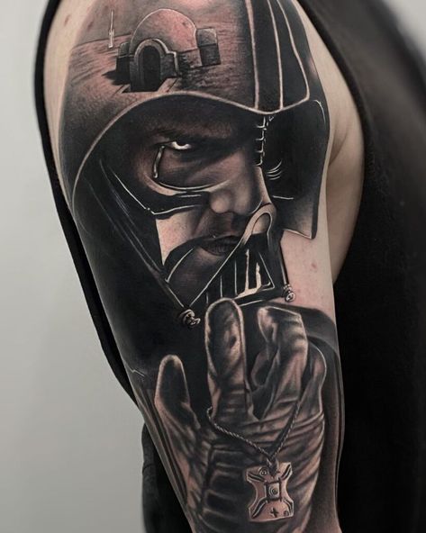 Darth Vader Sleeve Tattoo, Darth Vader Tattoo Ideas, Star Wars Tattoo For Men, Kylo Ren Tattoo, Star Wars Symbols Tattoo, Darth Vader Tattoo Design, Darth Vader Silhouette, Tattoo Ideas Meaning, Vader Tattoo