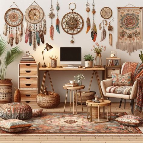 Boho Chic Office Native American Office Decor, Southwest Office Design, Southwest Office, Chic Office Ideas, Boho Chic Office, Distressed Desk, American Office, Chic Office Decor, Boho Space